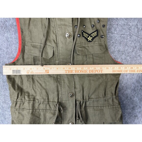 LOVE TREE Olive Green Linen Sleeveless Cinched Waist Military Hooded Vest Sz M - Picture 7 of 9
